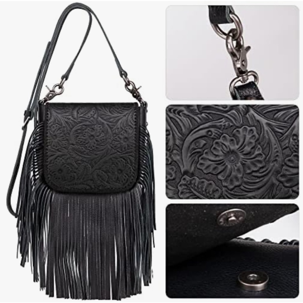 Montana West leather floral fringe black crossbody New in bag